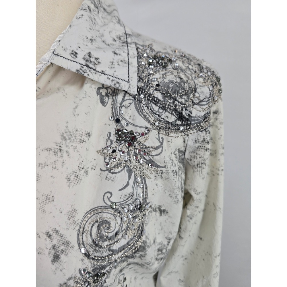 Roar Passion To Womens Western Snap Shirt White Black Rhinestone Acid Wash Med - Picture 2 of 7